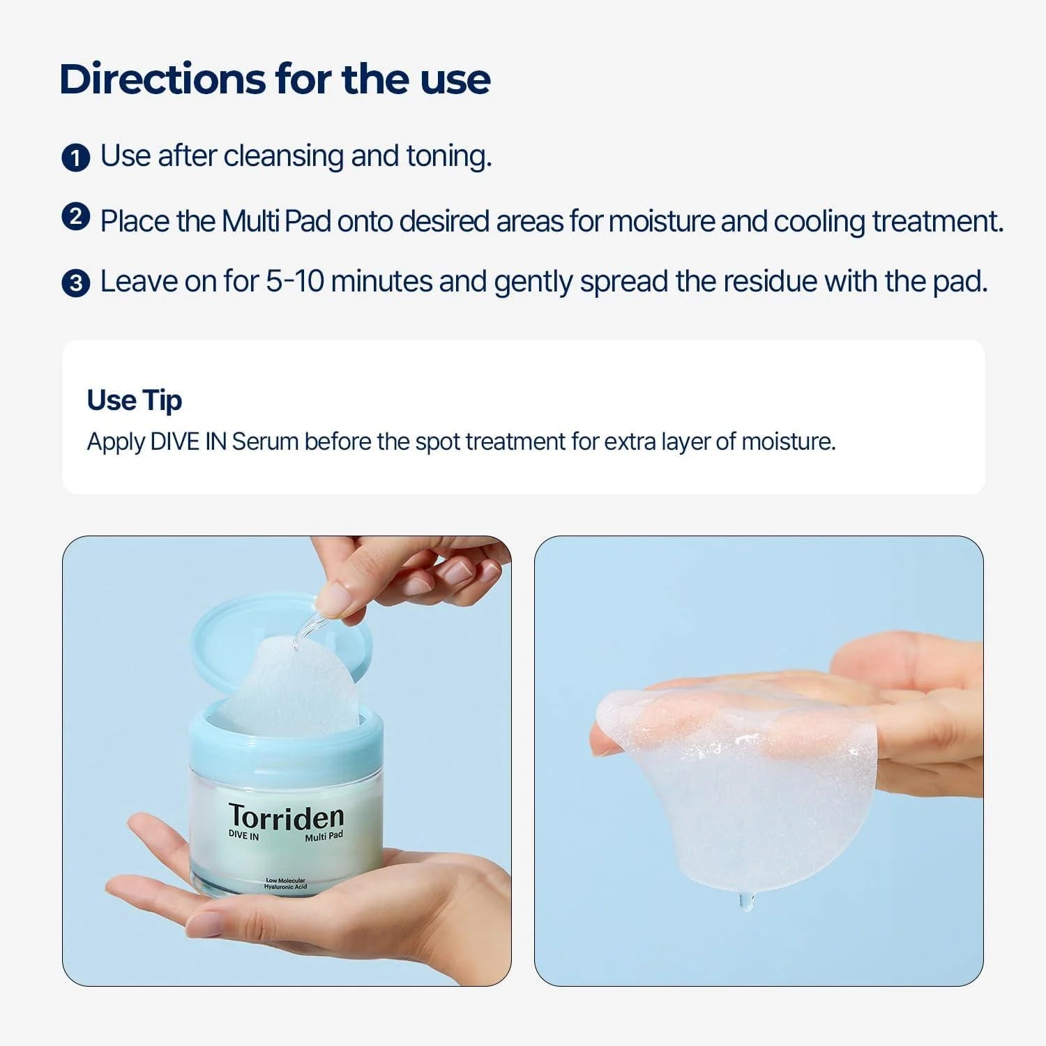 Tampons multi-usages Torriden DIVE-IN à l'acide hyaluronique de faible poids moléculaire 160 ml/80 unités