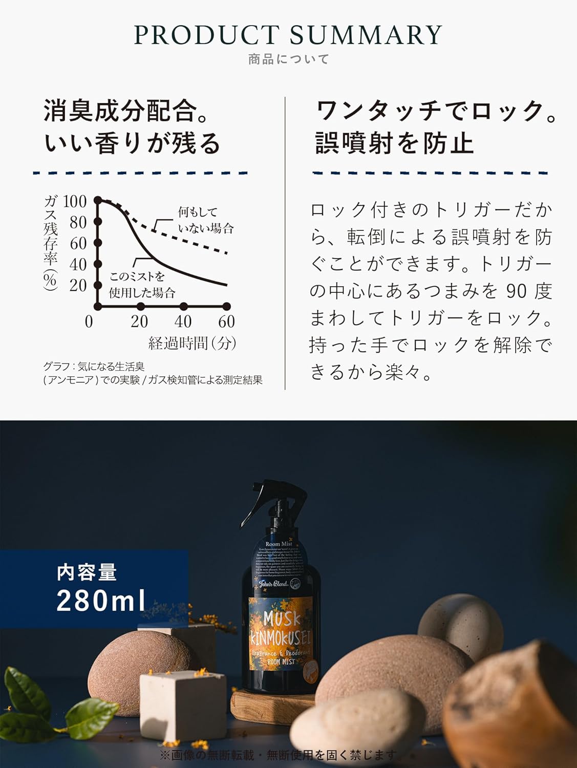 Xịt thơm phòng khử mùi và tạo hương xạ hương Kinmokusei của John's Blend Musk 280ml