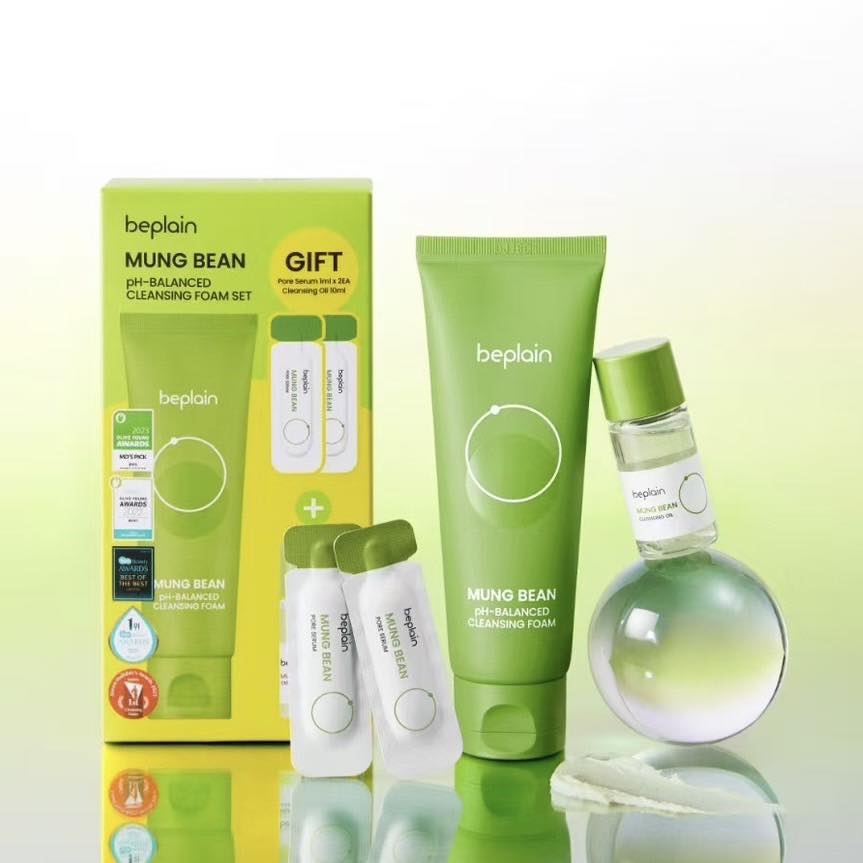 beplain Mung Bean pH-Balanced Cleansing Foam set with packaging on a light green background