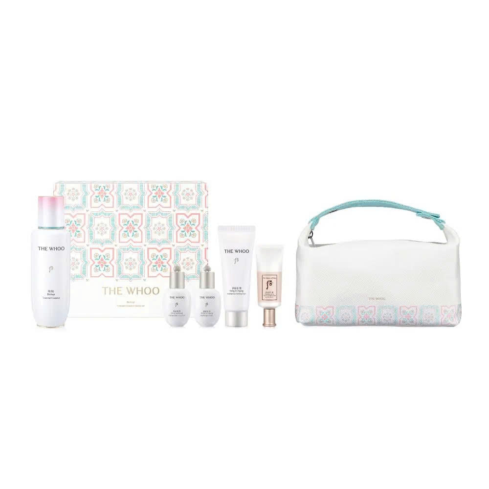 Skincare product set with bags and packaging on a white background